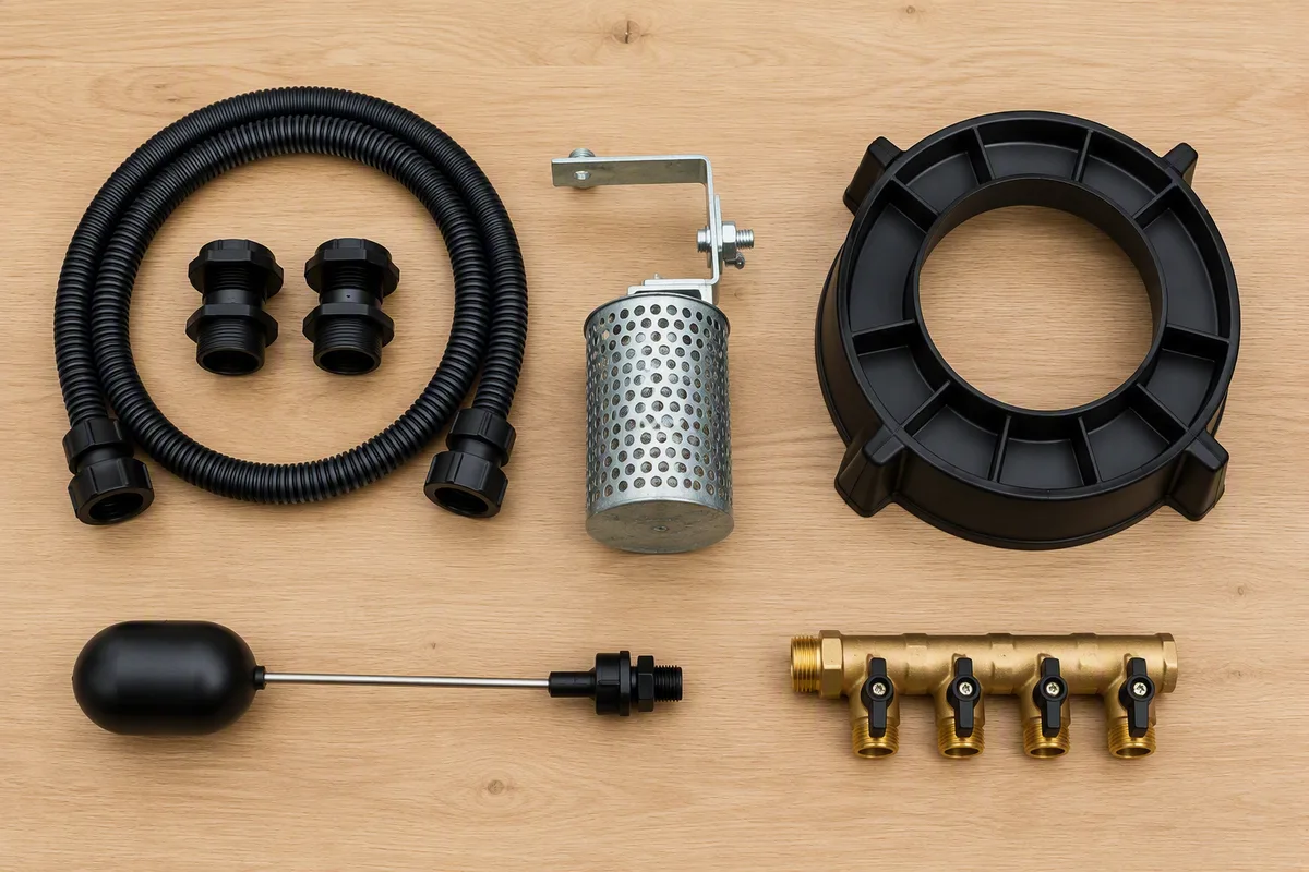 Accessoires de récupération d'eau de pluie vus du dessus : kit de jumelage avec ses passe-cloisons, crapaudine de gouttière, socle de cuve, flotteur indicateur de niveau et nourrice de raccordement en laiton