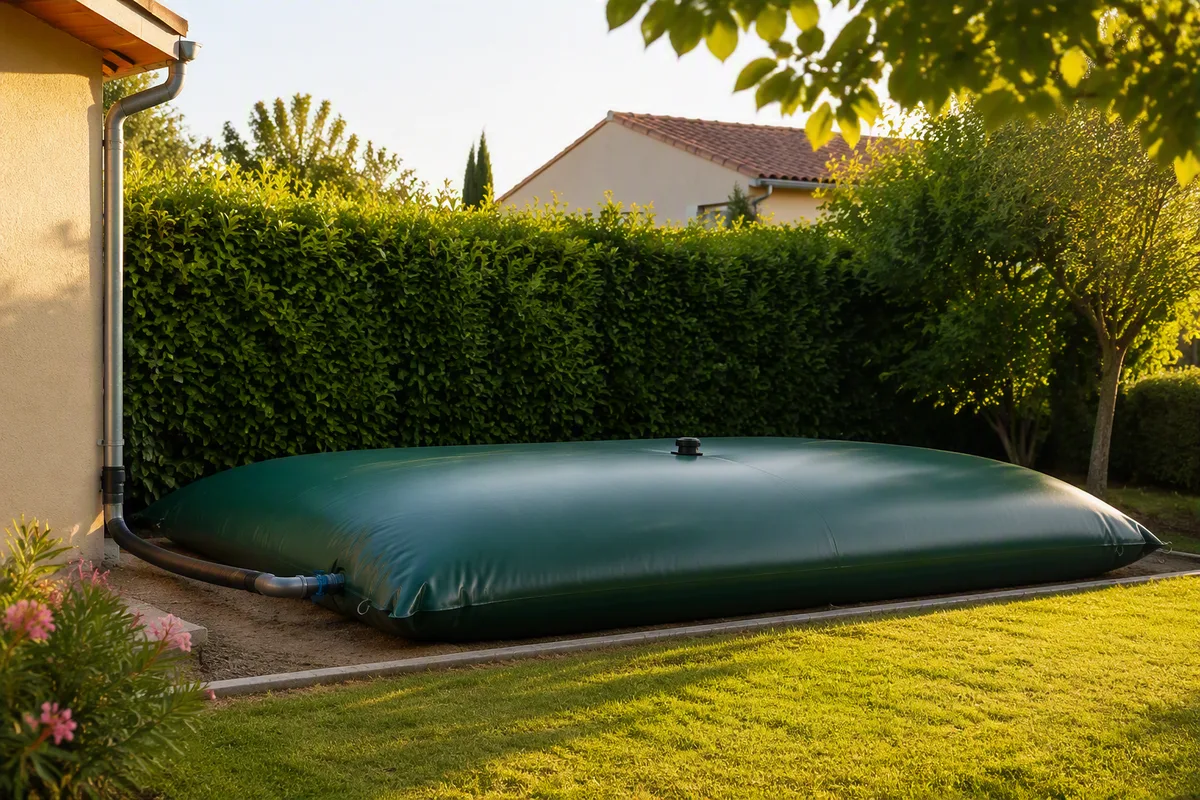 Citerne souple verte posée au sol le long d'une haie, raccordée à la descente de gouttière d'une maison, dans un jardin