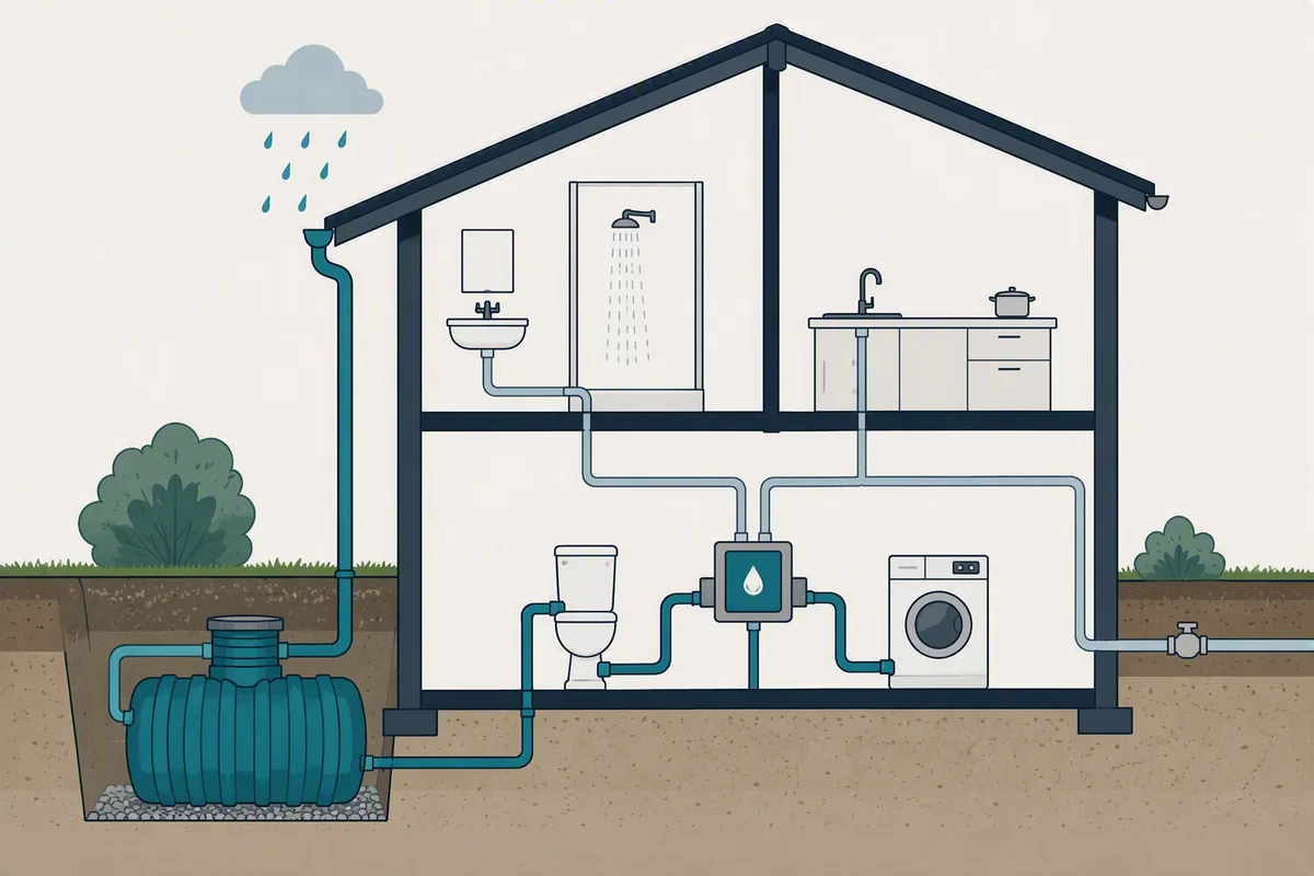 Coupe d'une maison montrant le double réseau : eau de pluie depuis la cuve enterrée vers les WC et le lave-linge, eau potable vers la cuisine, la douche et le lavabo